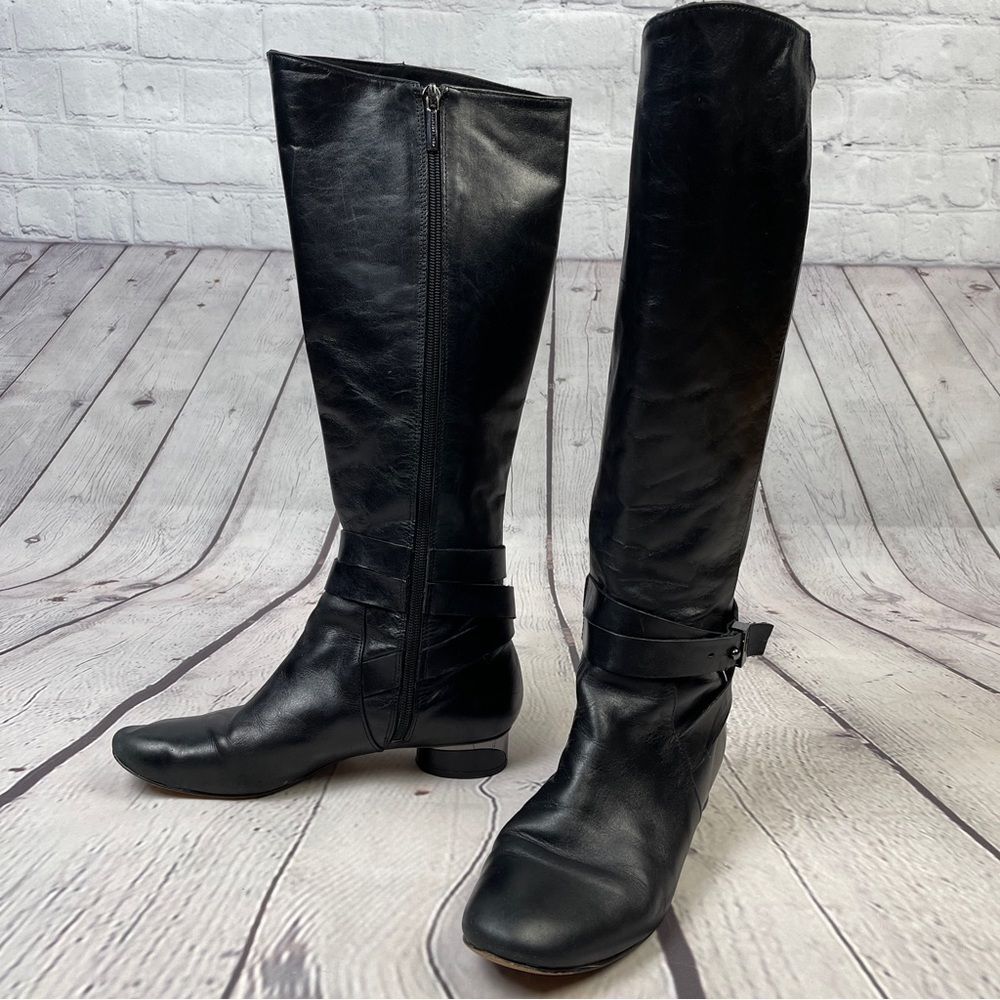 KARL LAGERFELD black leather side zip round heel riding boots, size 8.5